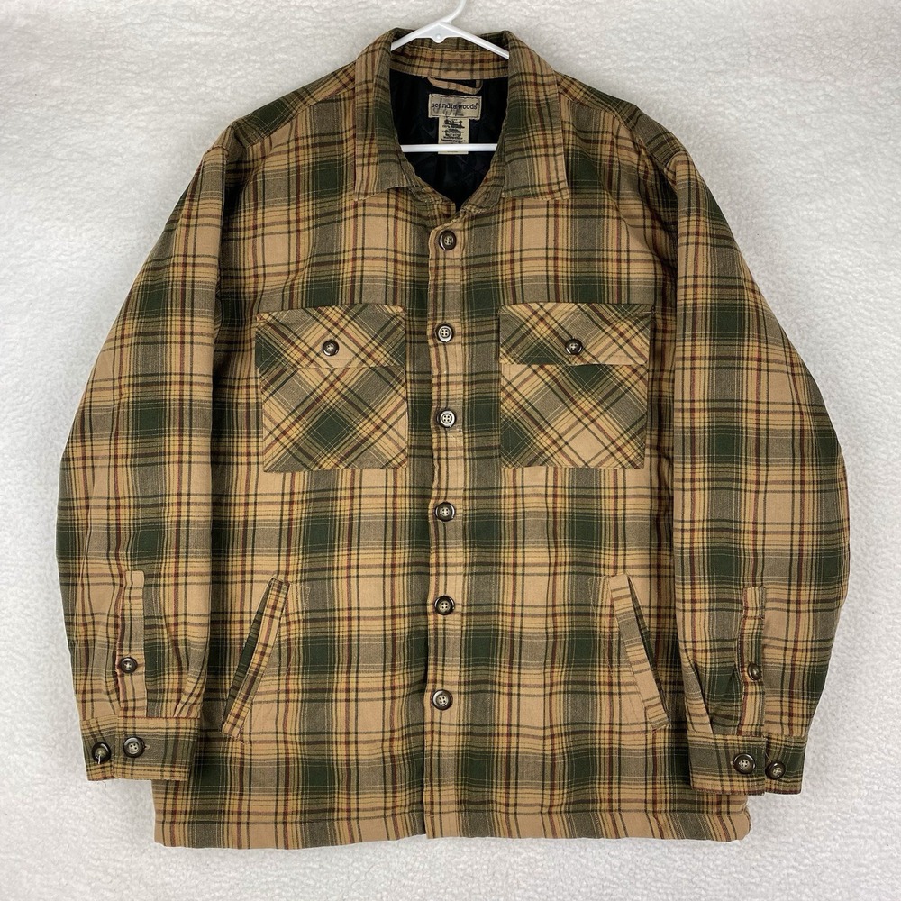 VTG Scandia Woods Jacket Mens L Tan‎ Green Plaid Quilt Lined Flap Pockets Grunge